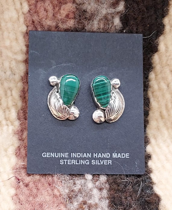 Zuni Post Earrings Green Malachite Silver Signed … - image 1