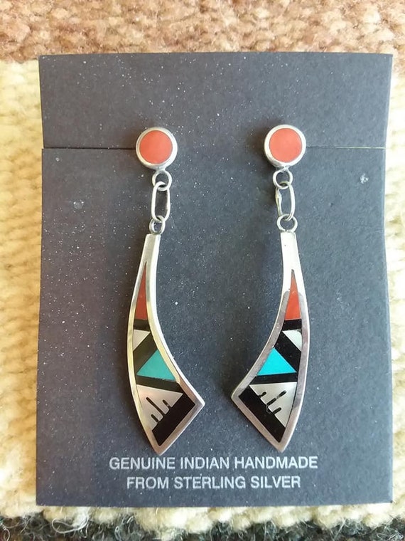 Zuni Inlay Multi Color Sterling Silver Post Dangl… - image 1