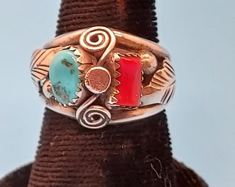 Navajo Band Ring Size 8 Turquoise & Coral Silver Signed Vintage Native American USA