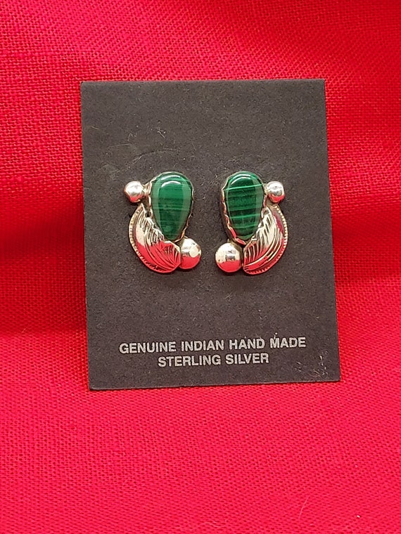 Zuni Post Earrings Green Malachite Silver Signed … - image 2
