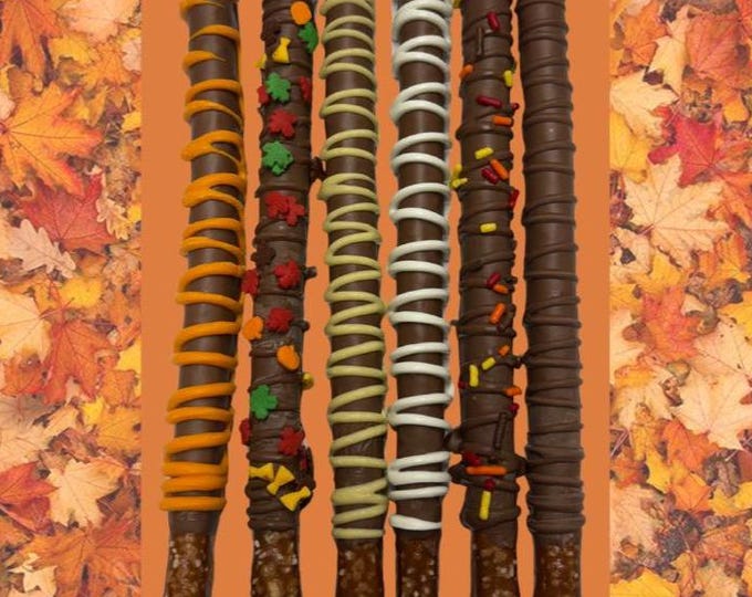 Assorted Fall/Autumn/Thanksgiving Themed Chocolate-Covered Pretzel Rods (by the dozen)