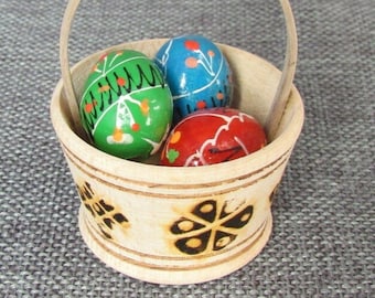 3 Wooden Painted Ukrainian Easter Eggs in Basket,Pysanka,Pisanki Colorful