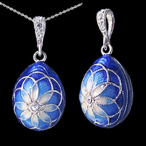 Sterling 925 Silver Egg Pendant, Blue Enamel, CZ Crystals,Lotus Design, 1"