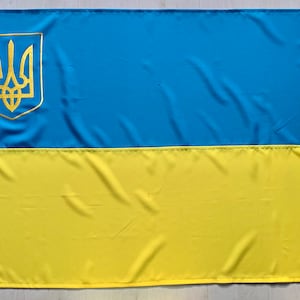 Ukrainian Yellow-Blue National Flag with Embroidered Trident/Тризуб on Shield, 3'X 5'