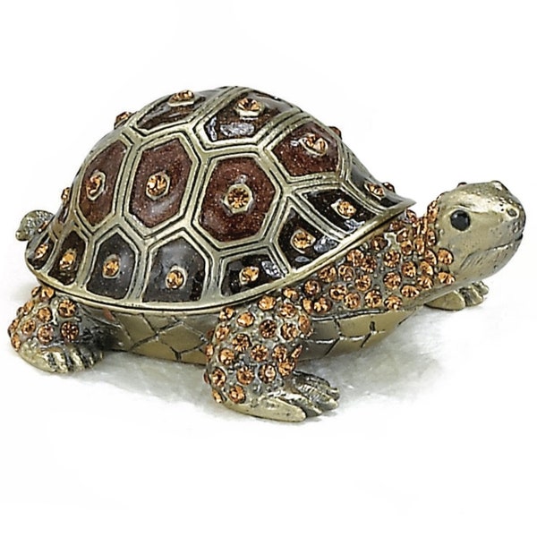 Bejeweled Enamel Trinket Jewelry Seaturtle Box, Brown Top Opens w/ Magnet, 4009B