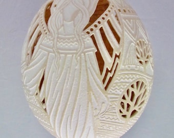 Ostrich Shell Easter Egg Art, Pysanka, 2 Angels, Wax Resist Etching Technique, Drilled