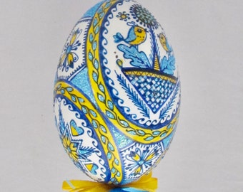 Huevo de Pascua de ganso, Pysanka ucraniano, cera elevada, hecho con cáscara vacía, diseño RWG2