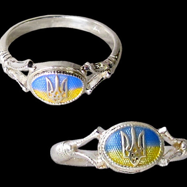 Women 925 Sterling Silver Ring with Ukrainian Trident,Тризуб, Yellow and Blue Enamels