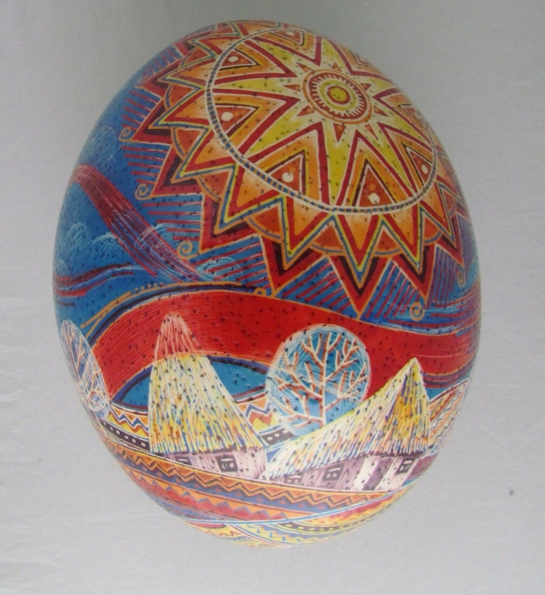 Girl with Bell Easter Scene Wax Resist Dye /& Scratch Technique Pysanka Ostrich Shell Easter Egg Art