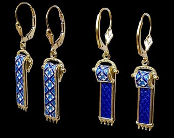 Ukrainian Embroidery Style Earrings,Sterling 925 Silver Gold Plated, Blue Enamel