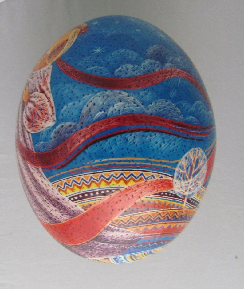 Girl with Bell Easter Scene Wax Resist Dye /& Scratch Technique Pysanka Ostrich Shell Easter Egg Art