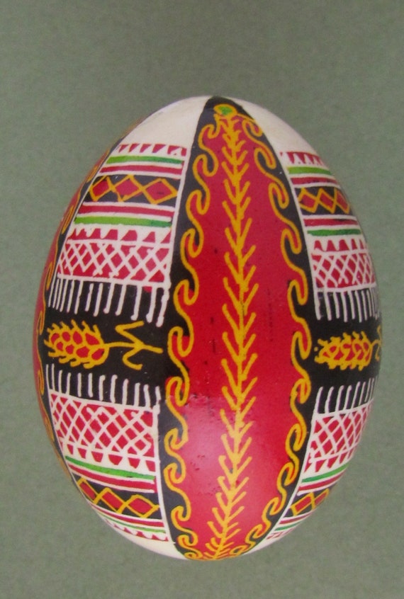 Ukrainian Pysanky Easter Egg Written on Hen Shell Wax Resist Dyed Style #M77