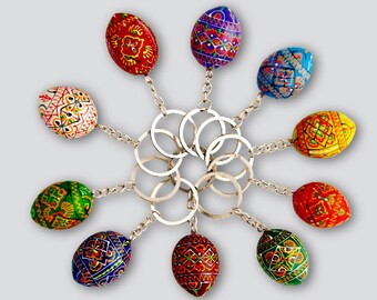 10 Wooden Pysanky/Easter Eggs Key Chains, Hand Painted, Multicolored,1.5"