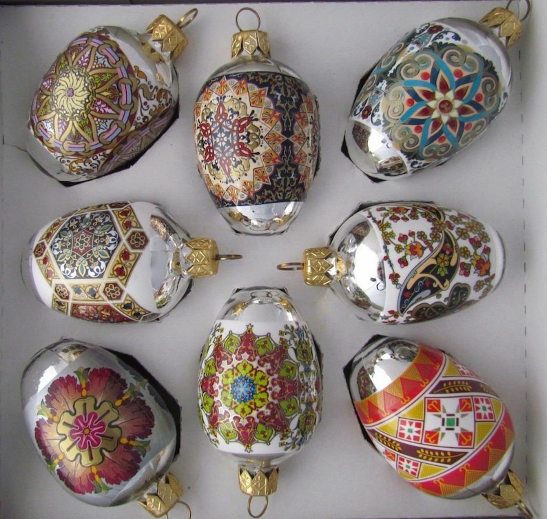 8 Ukrainian Glass Egg Xmas Ornaments Decorated Shrink Wrap Etsy