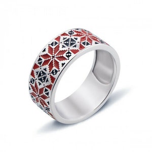 Sterling 925 Silver Ring,Ukrainian Embroidery Design, Red and Black Enamels