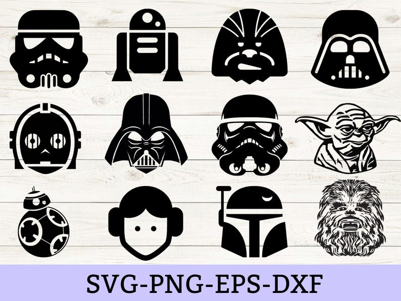 May include: A collection of twelve black silhouette icons featuring Star Wars characters including a Stormtrooper, R2-D2, Chewbacca, Darth Vader, C-3PO, Yoda, BB-8, Princess Leia, and Boba Fett. The text SVG-PNG-EPS-DXF is printed at the bottom.