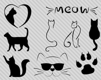Paquete de archivos SVG de gatos, imágenes prediseñadas de gatos con gafas de sol, silueta de gato SVG, maullido SVG, archivos de corte para Cricut Silhouette, transferencia para camisetas, DXF, PNG, EPS