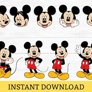 Pu&ograve; includere: Un set di grafica digitale che presenta nove pose distinte di Topolino, mostrando varie espressioni facciali e gesti. Il personaggio &egrave; raffigurato con orecchie nere, viso color carne, pantaloncini rossi e scarpe gialle in uno stile piatto.