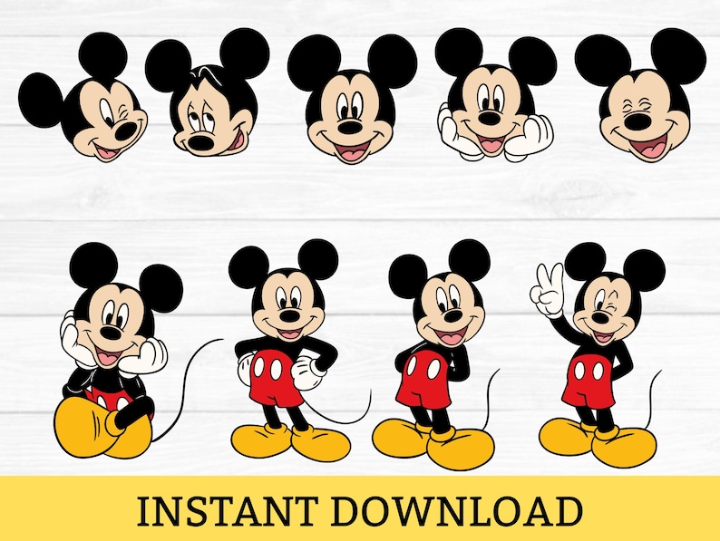Pu&ograve; includere: Un set di grafica digitale che presenta nove pose distinte di Topolino, mostrando varie espressioni facciali e gesti. Il personaggio &egrave; raffigurato con orecchie nere, viso color carne, pantaloncini rossi e scarpe gialle in uno stile piatto.