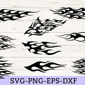 May include: A collection of eight distinct black flame graphic designs arranged in a grid. Each graphic features stylised, elongated, and pointed flame shapes with varying curves and lengths, suitable for digital cutting or graphic design projects.