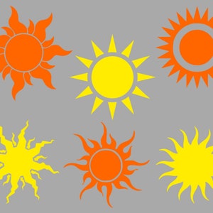 May include: Six different sun designs in orange and yellow. The suns have different shapes and sizes.