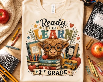 Camiseta de vaca de las Tierras Altas para la vuelta al cole, camiseta de primer grado, camiseta de vuelta al cole, camiseta de 1er grado, camiseta de profesor, camiseta de aula, camiseta escolar de vaca adorable