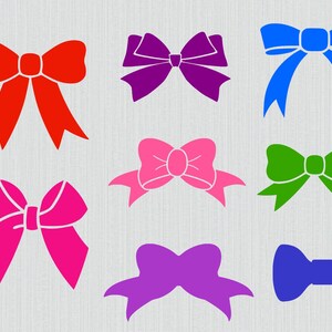 May include: A collection of nine colorful bow illustrations in red, purple, blue, pink, and green. The bows vary in style, with some having long flowing ribbons and others appearing more compact. The bows are set against a light gray textured background.