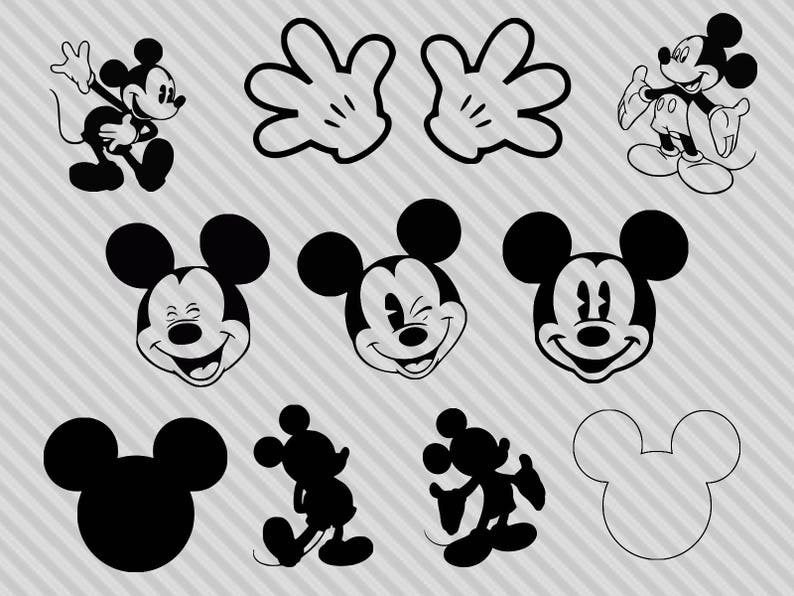 May include: Black and white silhouette images of Mickey Mouse in various poses, including a full body image, a close-up of the face, and a hand with four fingers.