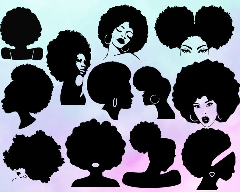 May include: A set of 12 black and white silhouette images of women with afro hairstyles. The images are in various poses and expressions.