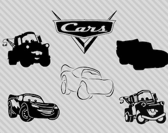 Paquete de imágenes SVG de coches, imágenes prediseñadas de coches, SVG de Tow Mater, SVG de Rayo McQueen, imágenes prediseñadas de Rayo McQueen, PNG, silueta de Rayo McQueen