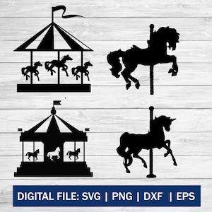 Fichiers coupés svg carrousel, clipart carrousel, svg cheval de carrousel, clipart, dxf, png, silhouette de cheval de carrousel