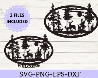 Deer Scene svg, deer silhouette svg, png, eps Deer scene DXF file for CNC plasma, laser, waterjet, router, Cricut cut file