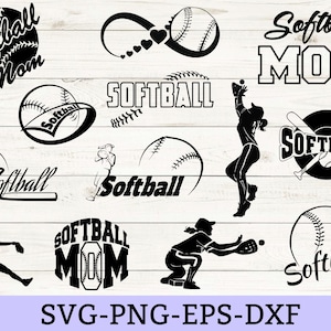 K&ouml;nnte beinhalten: Eine Sammlung schwarzer Grafikdesigns zum Thema Softball mit Silhouetten von Spielerinnen, Baseballs, Schl&auml;gern und dem Text Softball Mom. Die Designs umfassen Unendlichkeitssymbole, kreisf&ouml;rmige Embleme und verschiedene Schriftstile f&uuml;r Sportprojekte.