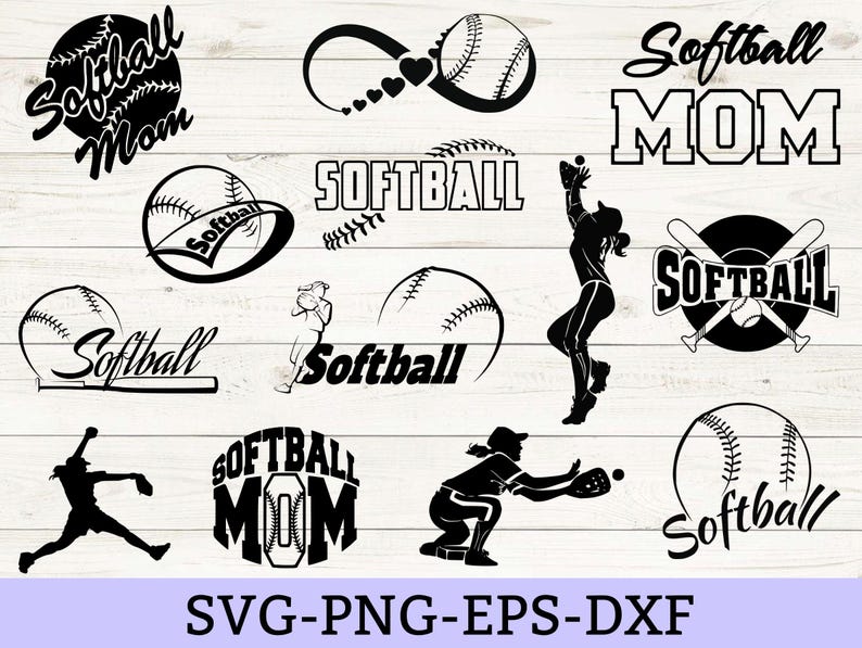 K&ouml;nnte beinhalten: Eine Sammlung schwarzer Grafikdesigns zum Thema Softball mit Silhouetten von Spielerinnen, Baseballs, Schl&auml;gern und dem Text Softball Mom. Die Designs umfassen Unendlichkeitssymbole, kreisf&ouml;rmige Embleme und verschiedene Schriftstile f&uuml;r Sportprojekte.