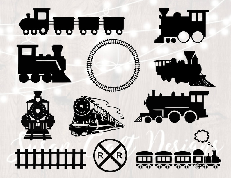 May include: A set of ten black and white silhouette images of trains, including a train with a circle track, a train with a crossing sign, and a train with a thought bubble.