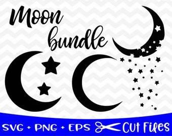 Paquete SVG de luna y estrellas, clipart de luna y estrellas, png, silueta, luna SVG