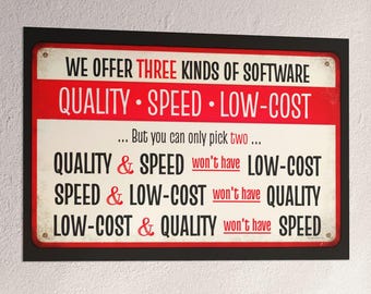 Triángulo de Hierro del Desarrollo de Software / Calidad, Velocidad, Bajo Costo (Póster Divertido)
