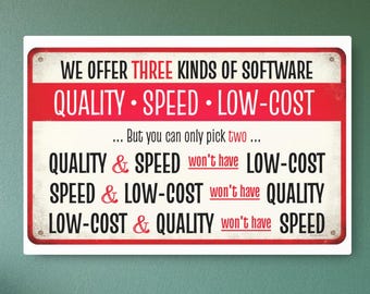 Letrero metálico / Triángulo de hierro para desarrollo de software / Calidad, velocidad, bajo costo, regalo divertido para programadores