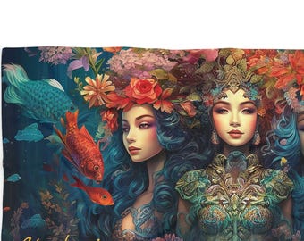 Trío de diosas del agua, toalla de playa personalizada con diseño de sirena Fairycore, toalla Mermaidcore para un día de playa, ambiente junto a la piscina, decoración de sirena