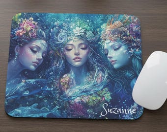 Alfombrilla de ratón "Diosa" - Tres sirenas etéreas, base de goma ultrafina antideslizante, 23 x 20 cm, personalizable