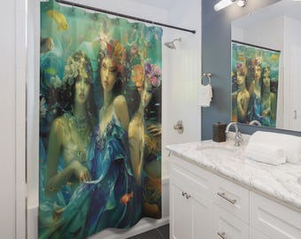 Cortina de ducha de sirena mística: decoración de baño bohemia con temática oceánica