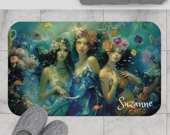 Alfombra de baño personalizada con diseño de bruja marina, sirena mística, diosa del agua, decoración oceánica, alfombra bohemia para baño o mesita de noche, regalo, decoración costera para el hogar.