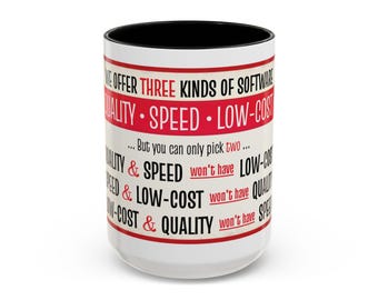 Taza divertida con el triángulo de hierro del desarrollo de software / Taza de café con calidad, velocidad y bajo costo