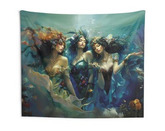 Tapiz de pared interior con sirena encantadora y diosas del agua, decoración bohemia, arte de pared para el hogar, regalo para ella, decoración ligera para el dormitorio.