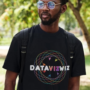 May include: A black t-shirt with a colorful graphic design of a circle with arrows and the text "DATAVIZWIZ".