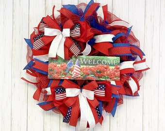 Patriotic welcome wreath, red white blue welcome wreath, 4th of July Wreath, welcome wreath for front door, summer wreath