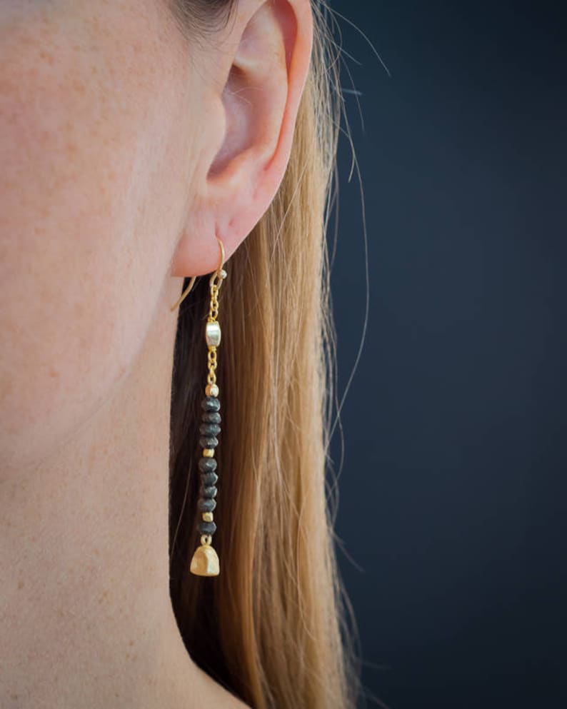 Pyrite Gold EarringsDangle EarringsDainty EarringsBeaded JewelryMinimal EarringsLong EarringsBoho ChicHandmade JewelryGift for Her