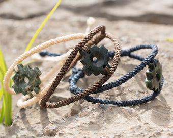 Chakana serpentine Inca cross macrame bracelet - simple elegant hand woven charm bangle Peru Andes colourful thread carved stone jewelry