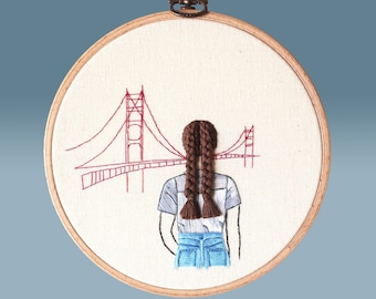 embroidered girl with 16 cm frame, embroidery art, hoop art, girl embroidery, Hair embroidery, contemporary embroidery hoop art, home decor