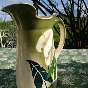 Antique French water jug, romantic floral pattern, spray technique, garden jug, vase, 80 years or older, patina, late Art Nouveau